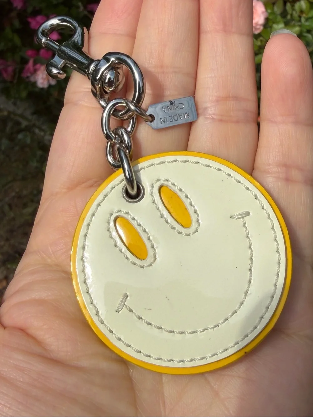 Vintage Coach Smiley Face Yellow & White Patent Leather Bag Charm Keychain